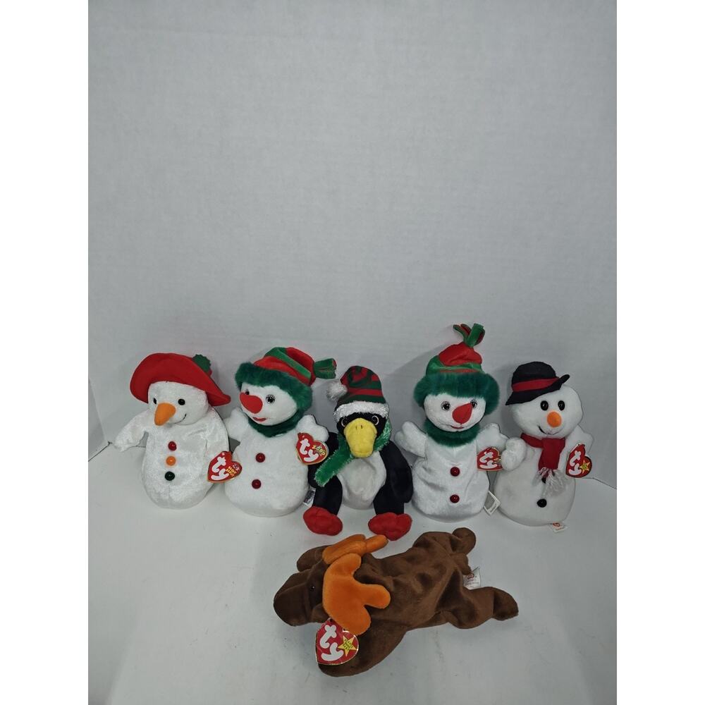TyBeanie Babies Snowgirl 2000 Chillin 2003 & Snowball Snowman Penguin & Reindeer